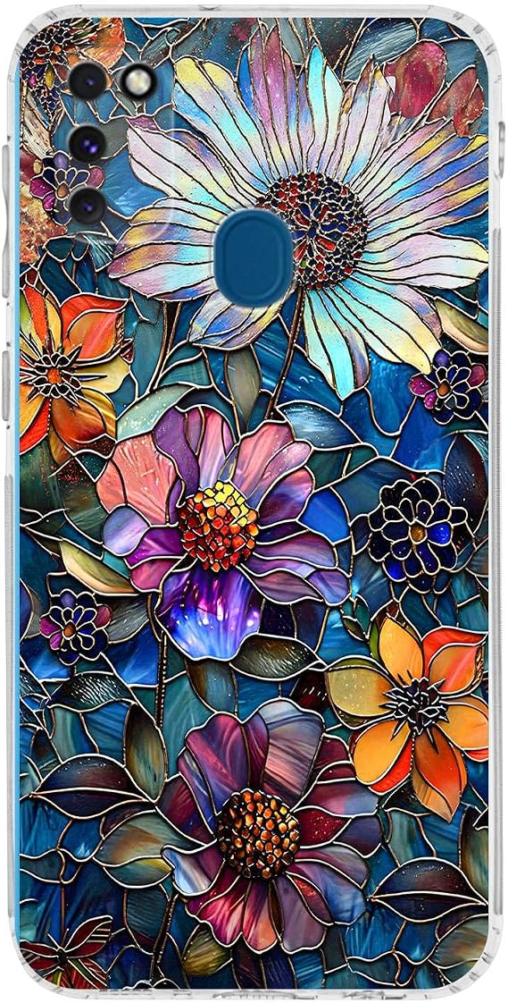PrintiFy Samsung Galaxy M21 ile Uyumlu Vitray Mücevher Flora Tasarımlı Şeffaf Silikon Kılıf