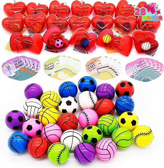 JOYIN 28 Packs Kids Valentine Day Sports Bouncy Ball with Prefilled Hearts and Valentine Cards for Kids Valentine Classroom Exchange, Kids Bouncy Balls for Class Exchange Game Prize