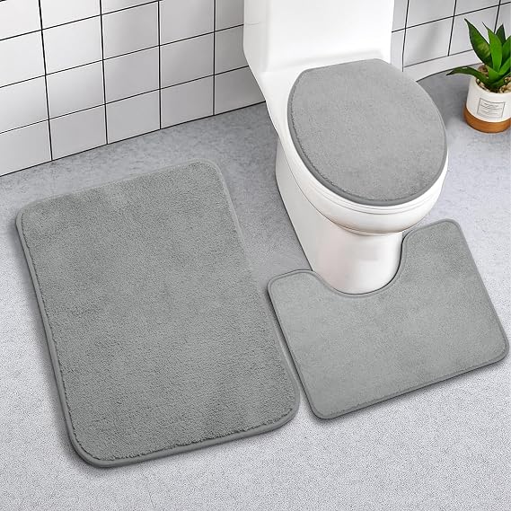 3 Piece Bath Mat Sets Toilet Rug Absorbent Fluffy Bath Mats for Bathroom, Square, Oval, U-Shape Shape Pedestal Mat Anti Slip Toilet Mat for Bathroom Floor, Toilet Grey