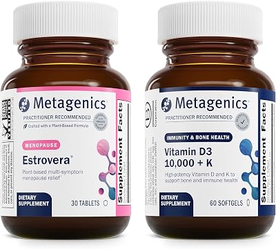 Metagenics Menopause Duo: HerWellness Estrovera - All-Natural, Hormone-Free Menopause Support Supplement - 30 Tablets & Vitamin D3 10,000  K - for Bone & Heart Health - 60 Softgels