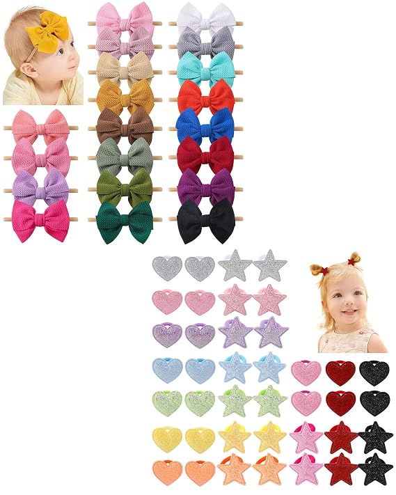 yoyokid 20 PCS Baby Headband Bows Nylon Baby Girl Bows + 40PCS Glitter Heart Star Nylon Hair Ties for Girls