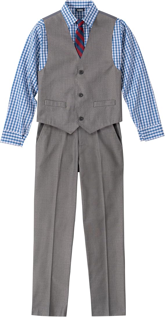 IZOD Boys' 4-piece Formal Dress Up Suit Set, Vest, Pants, Collared Shirt, and Tie