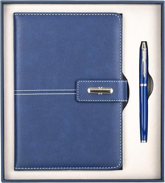 Shadow Breeze A5 Leather Notebook and Executive Pen Gift Set in Premium Gift Box, 172 Pages 100GSM Ruled Pages, Great Gift for Business, School, Home (Navy Blue)