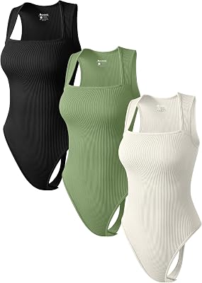 OQQ Womens 3 Piece Bodysuits Sexy Thongs Ribbed Strappy Square Neck Tummy Control Bodysuits Black Pea green Beige, Small