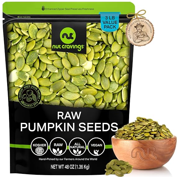 NUT CRAVINGS - Raw Pumpkin Seeds Pepitas (48oz - 3 LB) Unsalted, Shelled | Bulk Nuts Packed Fresh in Resealable Bag - Kosher Healthy Snack, Food Assortments Ideal for Trail Mixed Nuts, Raw Nuts