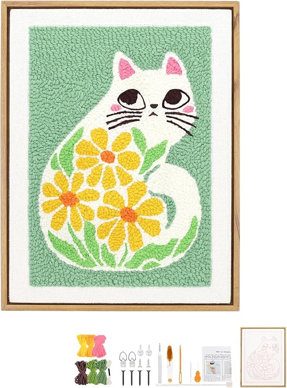 AceList Punch Needle Kit with Wood Frame, Cat Pattern, for Beginners