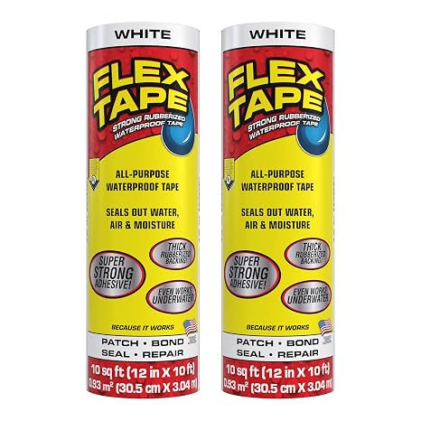 Flex Tape Strong Rubberized Waterproof Tape, White, 12 in x 10 ft, 2-Pack