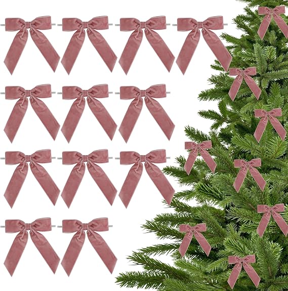 3.5" Dusty Rose Pre Tied Bows Velvet Pink Ribbon Bows, Gift Bows for Presents, Valentine Bows with Twist Ties for Wreaths, Party Decor, Crafts, Valentine Package Bows-12 Counts