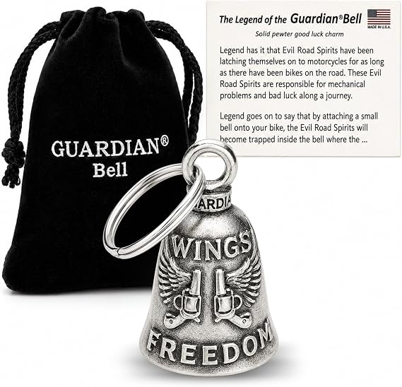 Guardian Bell Wings of Freedom Good Luck Bell w/Keyring & Black Velvet Gift Bag | Motorcycle Bell | Lead-Free Pewter | Good Luck Gift to Friends & Family | Bike Bell | Made in USA