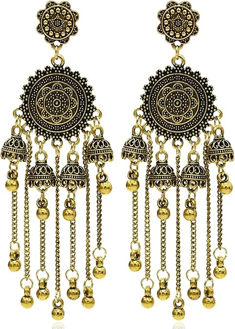 Jhumkas Indian Earrings Boho Ball Chandelier Tassel Statement Dangle Earrings Wedding Bridal Bell Jewelry Gifts Indian Suits Dresses Outfits