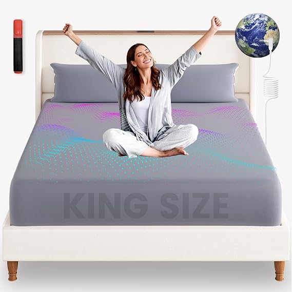 LARMACE Grounding Sheets King Size, 12% Pure Silver Fiber & 88% Organic Cotton,Earthing Sheets Silver Infused Bed Sheets for Grounding Therapy,Bare Earth Grounding Sheets for Better Sleep, Gray