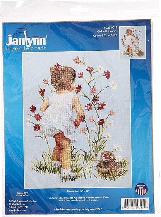 Janlynn Counted Cross Stitch Kit, Girls with Cosmos Silver 12" x 16"