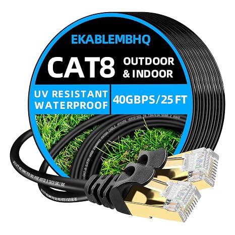 Cat 8 Ethernet Cable Compatible with Cat7, 25 FT High Speed 40Gbps 2000MHz Shielded RJ45 Network Cord, S/FTP Gold Plated for Home Theater/Office/Outdoor