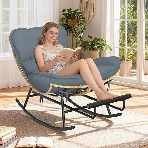 Papasan Rocking Chair - 500LBS Oversized Rocer with Footrest | Outdoor Papasan Chairs with Thicker Cushion, All-Weather Wicker Rattan Cozy Rocking Chair for Indoor, Balcony, Porch, Garden