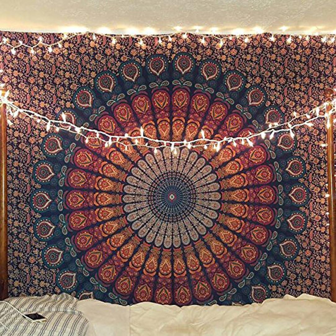 raajsee Blue Orange Tapestry Hippie Boho Beach Blanket Mandala Indian Cotton Throw - Home Décor Indie Rug Yoga Mat Meditation Picnic Rugs Queen 82x92 Inches  208x232 Cms