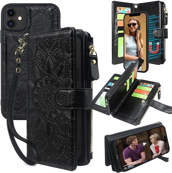 Harryshell Detachable Magnetic Zipper Wallet Leather Case Cash Pocket with Card Slots Holder Wrist Strap for iPhone 11 6.1 inch 2019 Floral Flower (Black)