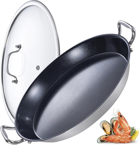 LOLYKITCH Nonstick Paella Pan with Lid | 14 Inch for Family of 5-8
