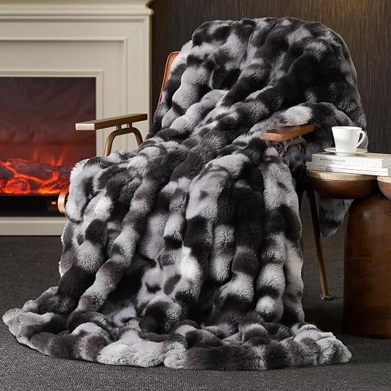 Amelie Home Faux Fur Throw Blanket for Couch, Ultra Soft Fuzzy Plush Bubble Throw for Sofa, Living Room & Home Decor, 50"x60", Tie-dye Black