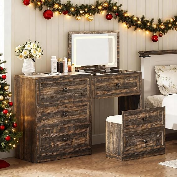 Lvifur 3 in 1 Vanity Desk with 3-Color Lights, Flip Top Mirror Makeup Vanity Set with Gun Drawer,Compact Vanity with Charging Station, 3 Drawers &