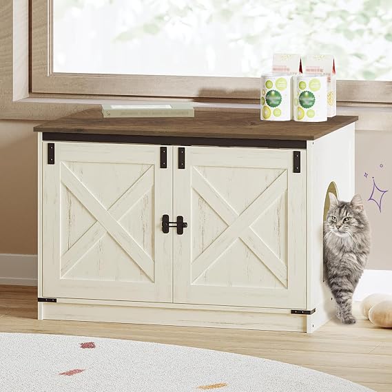 Hzuaneri Cat Litter Box Enclosure, Hidden Litter Box Furniture with Divider | Wooden Cat Cabinet with Removable Dividers, Reversible Entrance Left or Right Side, Cat Washroom, Rustic White Brown CB84614X