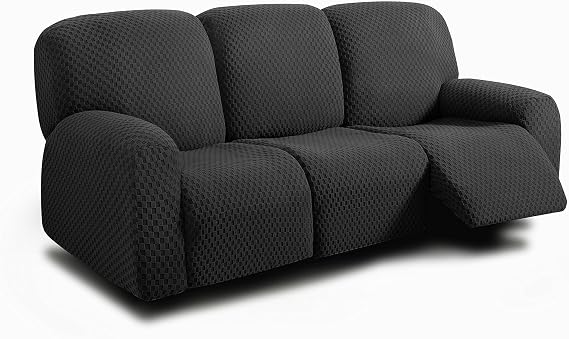 ULTICOR 8-Pieces Recliner Sofa Covers, Jacquared Stretch Couch Covers for 3 Cushion Reclining Sofa Slipcovers Thick Soft Washable (Style 1) (Black, 3 Seater Recliner Cover)