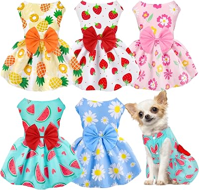 5 Pack Girl Dog Clothes Floral Summer Puppy Princess Bowknot Dog Dresses for Small Dogs Girl Clothes Cute Outfits for Boys Girls Pets Cats Dogs Small, Floral Summer