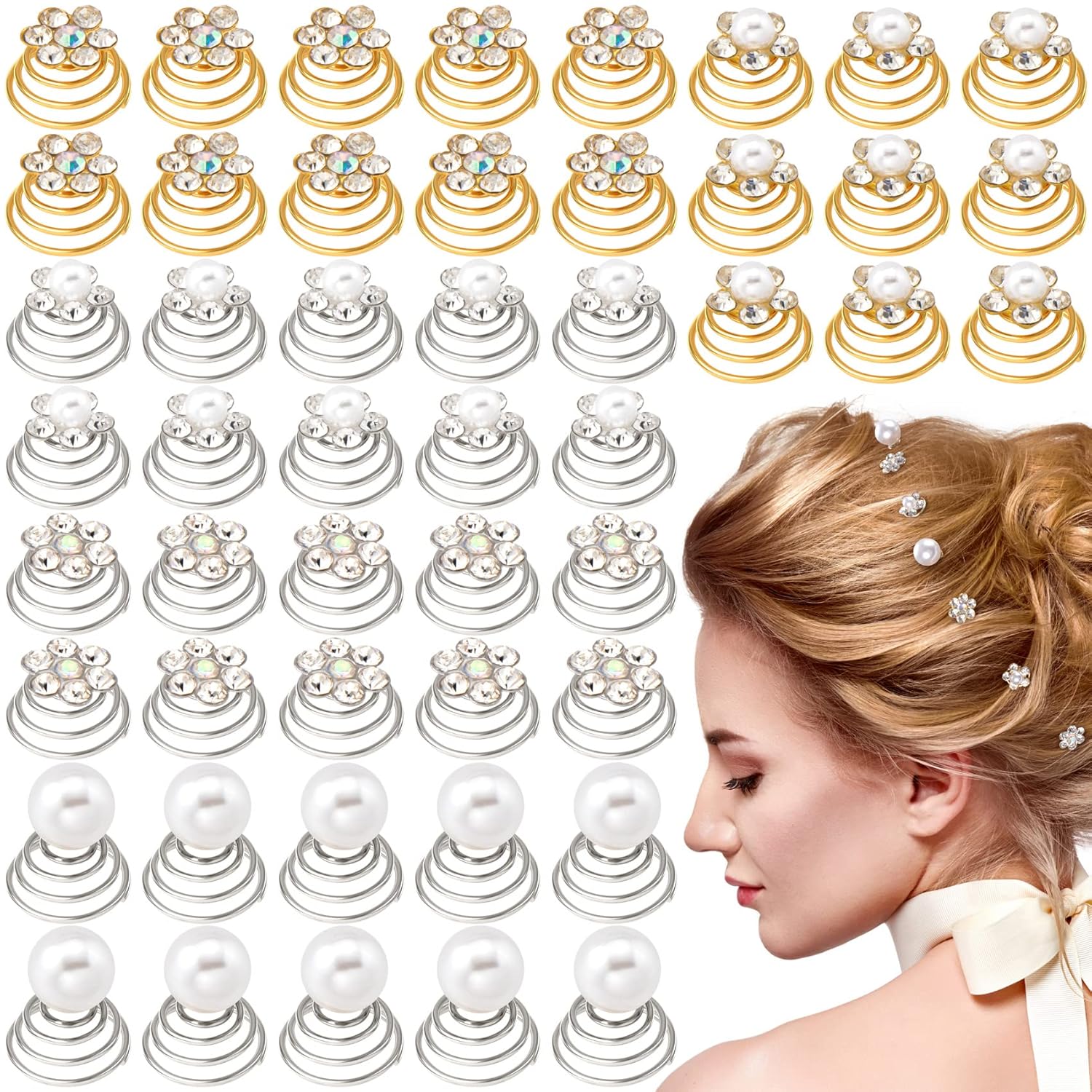 OIIKI 50PCS Rhinestone Pearl Spirals Hair Clips, Sparkle Crystal Flower Pearl Coil Hair Jewelry Clips, Hair Decorative Accessories for Bridal, Bridesmaid Flower Girls Wedding Party Prom 5 Styles