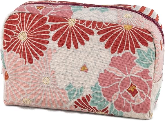 Corazon Small Makeup Bag (Retro Flower Red), Made in Japan Japanese Kimono Design,Zipper Cosmetic Travel Toiletry Pouch for Women Girls