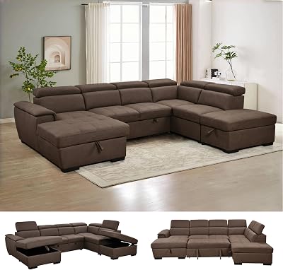 THSUPER 127 Microfiber Oversized U Shaped Sectional Sleeper Sofa Couch with Pullout Bed, 7 Seat Couches with Adjustable Headrest, Sofas with Storage Chaise and Ottoman for Living Room. Dark Brown | Non-modular, Easy to assemble, Well-made sofas, Breathable material, High-Quality Sofa