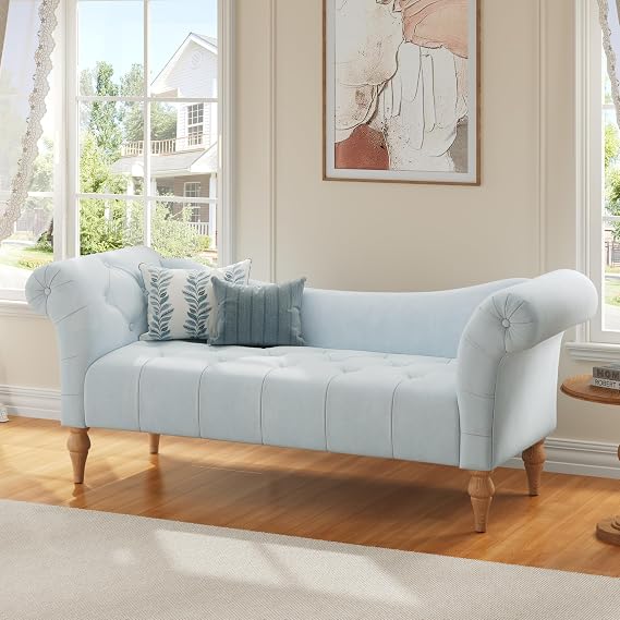 Christopher Knight Home Ucal Velvet Upholstered End of Bed Ottoman, Wooden Living Room Ottoman Bench with Curved Arms, Long Entryway Bench with Button Tufting, Long Seating for Bedroom, Light Blue