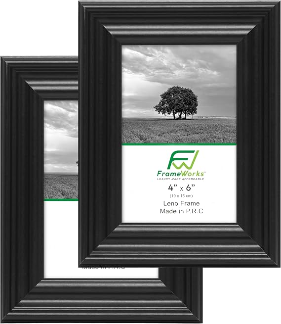 FrameWorks - 2-Pack - 4 x 6 Black Wooden Picture Frames with Luxury Wide Molded Edges and Tempered Glass