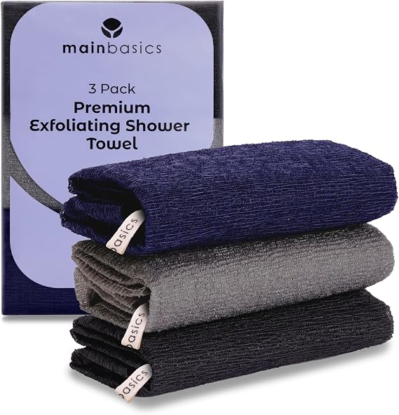 MainBasics Japanese Deep Exfoliating Shower Towel, 3 Pack, Black Ice