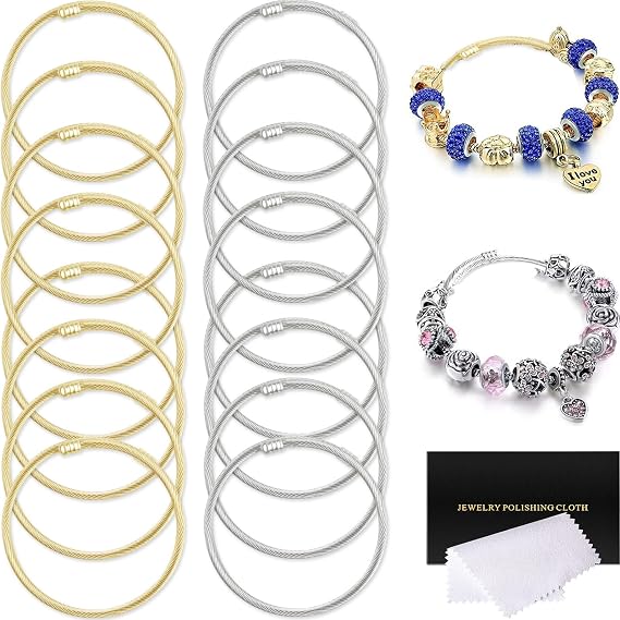 16 Pieces Twisted Cable Wire Charm Bracelet Stylish Fine Stainless Steel Open Cuff Bracelets Mixed Adjustable Expandable Elastic Bangle Bracelets for Women DIY Jewelry Making Christmas Day Gift