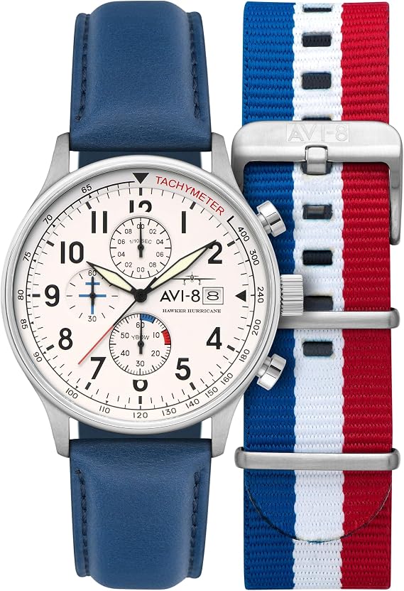 AVI-8 Hawker Hurricane Men's Pilot Watch Classic Chronograph, Japanese Quartz Movement, Stainless Steel Case, Leather Strap, AV-4011