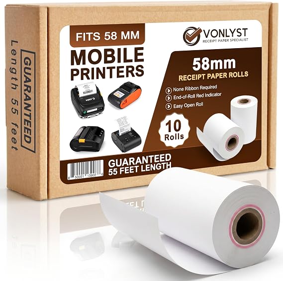 Receipt Paper Roll for 58mm Mobile Portable Thermal Printer (Pack 10 rolls)