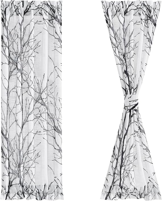 FMFUNCTEX Sheer Sidelight Front Door Curtains 40 Inches Long White Black Branch Tree Half Print Curtain for Patio Doors with Matching Tiebacks 24 Inches Wide 2 Panels Set