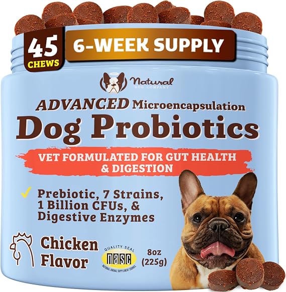 Natural Dog Company Probiotics for Dogs Dog Probiotic Chews with 1B CFUs, Canine-Specific Microencapsulated Strains, Prebiotics & Enzymes for Digestive Health, Stool & Immune Support, 45 Ct