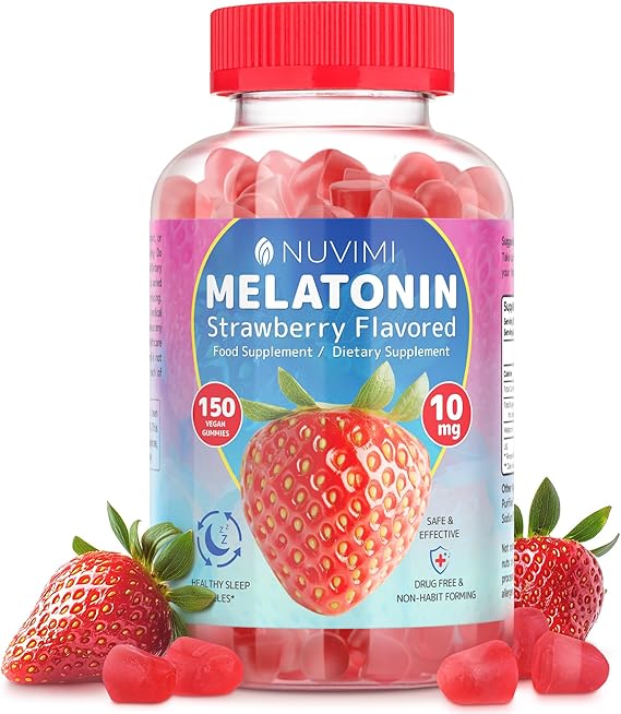 Melatonin Gummies - 10 mg Strawberry Flavored Dietary Food Supplement | NUVIMI 150 delicious flavored vegan gummies offer an easy-to-dose dietary food supplement to help support natural sleep.