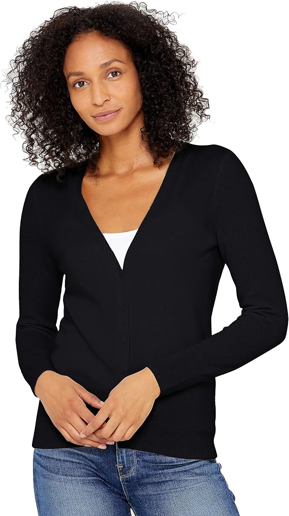 State Cashmere Women's Button Front V-Neck Cardigan 100% Pure Cashmere Long Sleeve Sweater (Black, Large)