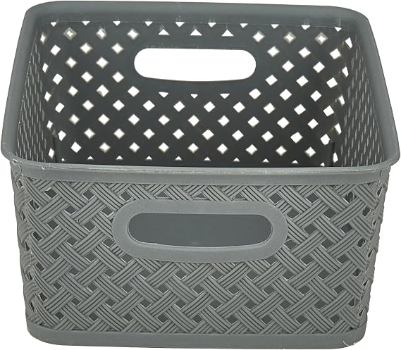 Simplify Small Resin Wicker Tote | Storage Bin | Plastic Organizer | Carrying Handles | Bathroom | Pantry | Accessories | Cleaning Products | Grey