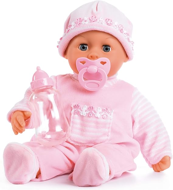 Bayer 15 Inch Interactive Baby Doll with 24 Realistic Sounds & Sleeping | Soft-body talking doll with crying and laughing sounds, includes bottle, pacifier, pink romper, hat, and batteries