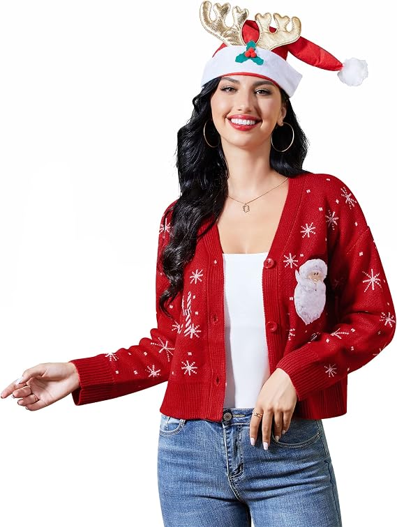 KOJOOIN Women's Ugly Christmas Sweater Long Sleeve Open Front Knitted Cardigan Holiday Sweaters with Cute Patterns