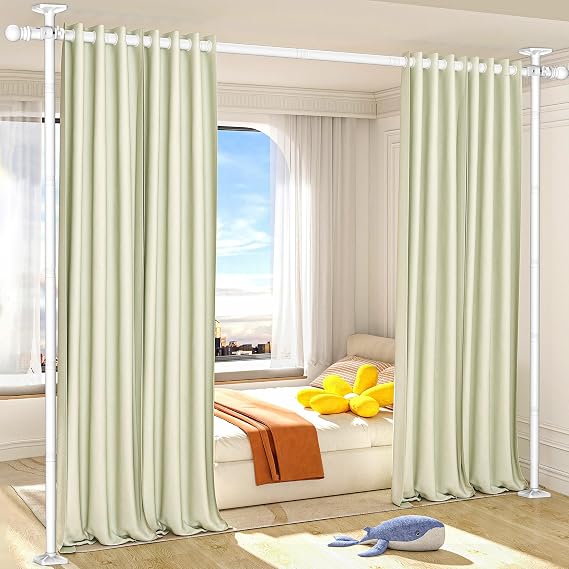 AKTOP Room Divider Curtain Rod, No Drill Tension Rod for Privacy, White | Adjustable 4-11ft(H) 28-117(W), Heavy Duty Support for Stability, Freestanding Floor-to-Ceiling Design for Room Separation