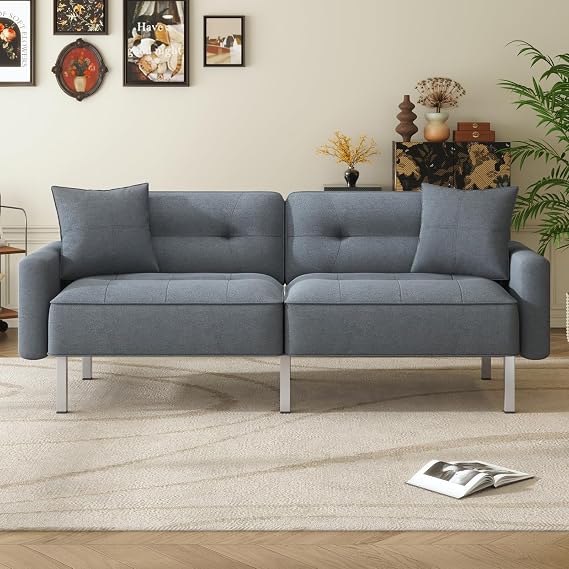 Linen Folding Futon Sofa Bed for Small Living Space, Home Office, Apartment, Dorm Upholstered Modern Convertible Loveseat Futon Couch, Sleeper Sofa Living Room Furniture (Dark Gray)