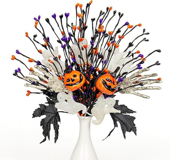 VioletEverGarden 10 Pack Halloween Stems 17 Inch Halloween Floral Picks 3 Styles Berry Branches with Pumpkin Skeleton and Ghost for Gothic Holidays Celebration