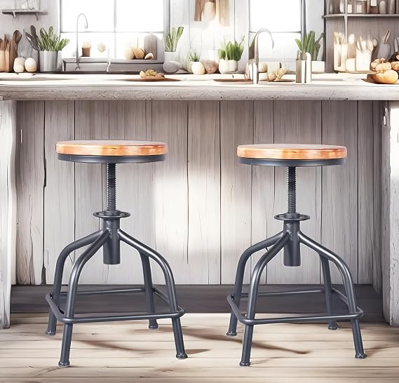 Topower Farmhouse Kitchen Stool, Industrial Counter Stool, Kitchen Deco Round Seat Standard Height Adjustable Swivel Bar Stools Indoor House Design Wood Seat Black Set of 2