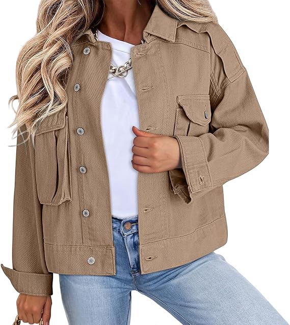 Denim Jacket for Women Cropped Button Down Jean Jacket Long Sleeve Lapel Basic Stretch Fitted Jackets with Pockets