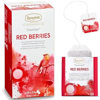 Ronnefeldt Teavelope Red Berries Hibiscus Rosehip Fruit Tea with Raspberry & Strawberry Flavor 25 Berry Herbal Tea Bags Caffeine Free & Individually Wrapped