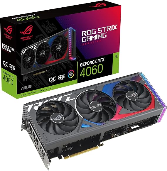 ASUS ROG Strix GeForce RTX 4060 OC Edition Gaming Graphics Card PCIe 4.0 8GB GDDR6 DLSS 3 HDMI 2.1a DisplayPort 1.4a Axial-tech Fan Design Aura Sync 0dB Technology