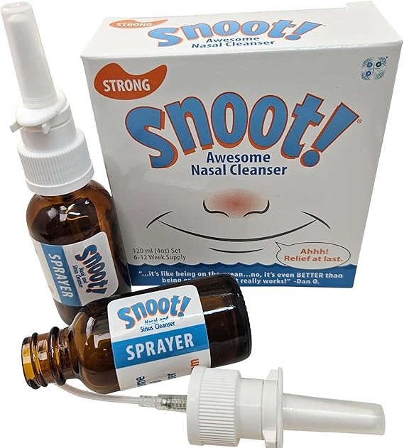 Snoot! Strong Nasal Irrigation Kit with Nose Cleaner for Sinus Wash Plus 2 Amber Glass Nasal Sprayers - Drug-Free Nasal Cleaner - TSA-Compliant Two-Part Nasal Rinse Kit - 4 oz Total